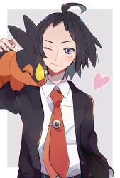 Rule 34 | 1boy, ahoge, black hair, black jacket, blush, book, border, breast pocket, cheren (pokemon), closed mouth, collared shirt, commentary, commentary request, creatures (company), game freak, gen 5 pokemon, hand up, heart, highres, jacket, male focus, misha (ohds101), necktie, nintendo, one eye closed, outside border, pocket, pokemon, pokemon (creature), pokemon bw2, pokemon on arm, shirt, smile, tepig, white border, white shirt