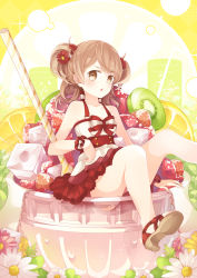 Rule 34 | 1girl, :o, bad id, bad pixiv id, bare shoulders, belt, bow, bowl, brown eyes, brown hair, cube, cup, daisy, dessert, dress, flower, food, frilled dress, frills, fruit, hair flower, hair ornament, highres, in bowl, in container, in cup, in food, kiwi (fruit), legs, long hair, mini person, minigirl, orange (fruit), original, parted lips, sandals, shoe soles, short dress, short twintails, sitting, sleeveless, sleeveless dress, solo, transparent, twintails, two side up, wrist cuffs