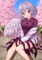 Rule 34 | 1girl, blue sky, blurry, blush, breasts, bridge, brooch, buttons, cherry blossoms, clear sky, collared dress, collared shirt, depth of field, dress, falling petals, feathered wings, grass, grey hair, hair between eyes, highres, jacket, jewelry, kishin sagume, knees, large breasts, legs, long sleeves, looking at viewer, off shoulder, open mouth, petals, purple dress, red eyes, river, shirt, short hair, sidewalk, single wing, sitting, skirt, sky, smile, solo, suigetsu (watermoon-910), thighs, touhou, white jacket, white wings, wings