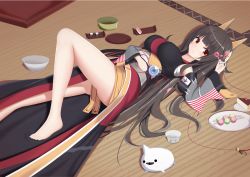 Rule 34 | akagi (warship girls r), animal ears, barefoot, black hair, bowl, breasts, cake, clothes between thighs, flower, food, fox ears, galo, japanese clothes, large breasts, long hair, prinz, red eyes, solo, toes, warship girls r