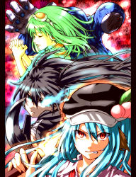 Rule 34 | 10s, 3girls, animal ears, bad id, bad pixiv id, black rock shooter, black rock shooter (character), blue hair, crossover, doraemon, doraemon (character), closed eyes, food, fruit, glowing, glowing eye, goggles, goggles on head, green hair, gumi, own hands clasped, hat, highres, hinanawi tenshi, kemonomimi mode, long hair, multiple girls, nora wanko, open mouth, own hands together, peach, pillarboxed, red eyes, touhou, vocaloid