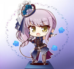 Rule 34 | 1girl, :o, alternate hairstyle, ankle belt, back bow, bang dream!, belt, black belt, black ribbon, blue background, blue dress, blue flower, blue ribbon, blue rose, blue sleeves, blush, bow, cable, center frills, chibi, commentary request, detached sleeves, dress, earrings, flower, flower earrings, frilled sleeves, frills, full body, gloves, gradient background, grey pantyhose, hair ornament, hair ribbon, highres, holding, holding microphone, jewelry, layered skirt, light purple hair, long hair, looking at viewer, microphone, minato yukina, music, neck ribbon, outstretched arm, pantyhose, ribbon, rose, see-through, shadow, side ponytail, sidelocks, singing, skirt, sleeveless, sleeveless dress, solo, sparkle, standing, teen (teen629), white background, white dress, white footwear, white gloves, yellow eyes