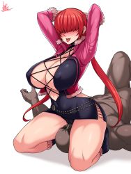 Rule 34 | 1boy, 1girl, absurdres, arms up, breasts, cameltoe, cleavage, cleft of venus, covered erect nipples, curvy, femdom, hair over eyes, highres, huge breasts, jmg, red hair, shermie (kof), sitting, sitting on face, sitting on person, taut clothes, the king of fighters, the king of fighters xv, wide hips