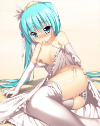 Rule 34 | 1girl, alternate costume, arm support, bare shoulders, beige background, blue eyes, blue hair, blush, breasts, closed mouth, clothes lift, collarbone, dress, dress lift, elbow gloves, flower, frills, gloves, hair flower, hair ornament, halterneck, hatsune miku, highres, leaning to the side, long hair, looking at viewer, loose clothes, matching hair/eyes, medium breasts, mouth hold, nipples, panties, pantyshot, papino, shadow, side-tie panties, simple background, sitting, sleeveless, sleeveless dress, smile, solo, striped clothes, striped panties, thighhighs, tiara, twintails, underwear, upskirt, veil, very long hair, vocaloid, white dress, white flower, white gloves, white thighhighs