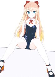 Rule 34 | 1girl, amanotti 01, blonde hair, blue eyes, blue leotard, breasts, cameltoe, closed mouth, hair ribbon, highres, leotard, long hair, looking at viewer, ribbon, simple background, small breasts, smile, solo, spread legs, toshinou kyouko, white background, yuru yuri