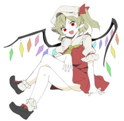 Rule 34 | 1girl, :d, arm garter, arm support, ascot, bad id, bad twitter id, black footwear, blonde hair, bobby socks, bow, crystal, fang, female focus, flandre scarlet, full body, hasebe yuusaku, hat, hat ribbon, crossed legs, looking at viewer, mob cap, open mouth, pointy ears, puffy short sleeves, puffy sleeves, red bow, red eyes, red ribbon, ribbon, shoes, short sleeves, side ponytail, sitting, skirt, skirt set, smile, socks, solo, touhou, white background, wings