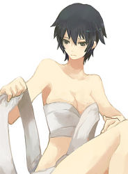 Rule 34 | 1girl, androgynous, atlus, black hair, blue eyes, breast bind, breasts, cleavage, collarbone, persona, persona 4, reverse trap, sarashi, shirogane naoto, short hair, simple background, sitting, solo, white background