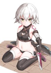 Rule 34 | 1girl, bandages, bare shoulders, belt, black panties, black thighhighs, blush, breasts, cleavage, cleavage cutout, clothing cutout, eiri (eirri), fate/apocrypha, fate (series), gloves, green eyes, hair between eyes, holding, holding weapon, jack the ripper (fate/apocrypha), looking at viewer, navel, panties, scar, scar across eye, scar on face, short hair, silver hair, sitting, small breasts, solo, thighhighs, underwear, wariza, weapon