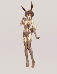 Rule 34 | 1girl, absurdres, animal ears, breasts, brown hair, commission, corruption, full body, grey background, half-closed eyes, hand on own chest, highres, liquid, looking at viewer, medium breasts, naughty face, original, pussy, rabbit ears, rabbit girl, rabbit tail, shen hai ichigo, short hair, solo, standing, tail, variant set, yellow eyes