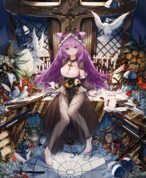 Rule 34 | 1girl, animal ears, bird, birdcage, black dress, blue eyes, breasts, cage, candle, chalice, cleavage, coif, cross, cuffs, cup, detached sleeves, dress, flower, glass slipper, handcuffs, highres, indoors, large breasts, loaded interior, long hair, looking at viewer, original, parted lips, pelvic curtain, purple hair, red flower, see-through, see-through skirt, seelehan, shoes, single shoe, skirt, solo, strapless, strapless dress, toes, unworn shoes, white bird, yellow flower