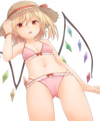 Rule 34 | 1girl, alternate headwear, bare arms, bare shoulders, bikini, blonde hair, breasts, brown hat, cameltoe, clenched hand, collarbone, commentary request, cowboy shot, crystal, flandre scarlet, frills, from below, gluteal fold, hair between eyes, hand up, hat, hat ribbon, highleg, highleg bikini, highres, looking at viewer, miyo (ranthath), navel, one side up, open mouth, orange ribbon, pink bikini, red eyes, ribbon, short hair, simple background, small breasts, solo, standing, stomach, sun hat, swimsuit, thighs, touhou, white background, wings