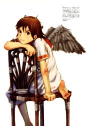 Rule 34 | 1girl, abe yoshitoshi, absurdres, angel, angel wings, bare arms, barefoot, brown eyes, brown hair, brown sailor collar, chair, feathered wings, feet, grey wings, haibane renmei, halo, head rest, highres, messy hair, neckerchief, non-web source, orange sailor collar, rakka (haibane), red neckerchief, sailor collar, scan, shirt, short hair, short sleeves, simple background, sitting, soles, solo, toes, translation request, white shirt, wings