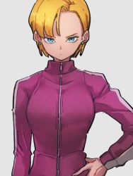 Rule 34 | 1girl, android 18, blue eyes, brown hair, closed mouth, dragon ball, dragon ball super, earrings, grey background, hand on own hip, jacket, jewelry, kemachiku, long sleeves, looking at viewer, parted bangs, pink jacket, short hair, solo, track jacket, zipper