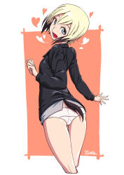 Rule 34 | 1girl, absurdres, ass, black hair, blonde hair, blue eyes, dachshund, dragoncastle, erica hartmann, heart, highres, jacket, looking at viewer, military, military uniform, multicolored hair, orange background, panties, solo, strike witches, striker unit, underwear, uniform, white background, white panties, world witches series