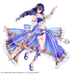 Rule 34 | 1boy, 23/7, armlet, black hair, blue bow, blue footwear, blue legwear, blue nails, bow, braid, brown eyes, crossdressing, frills, full body, gender request, genderswap, hair between eyes, heart, holding, holding spear, holding weapon, jewelry, juliet capulet, male focus, morino bambi, nail polish, navel, official art, polearm, romeo and juliet, sandals, see-through, solo, spear, standing, standing on one leg, thigh strap, toe ring, trap, watermark, weapon, white background, wrist cuffs