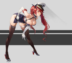 Rule 34 | 1girl, ass, azur lane, bare shoulders, bent over, black ribbon, black thighhighs, blush, breasts, chain, choker, cleavage, closed mouth, collarbone, elbow gloves, full body, garter straps, gloves, grey background, hair ribbon, hand on own hip, hat, high heels, highres, honolulu (azur lane), large breasts, leaning forward, lips, long hair, looking afar, military hat, olys, peaked cap, red eyes, red hair, ribbon, rudder footwear, side slit, sidelocks, simple background, skindentation, skirt, sleeveless, solo, thighhighs, twintails, twitter username, v-shaped eyebrows, wavy hair, white gloves, white hat