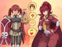 Rule 34 | 2girls, ?, anna (fire emblem), artist name, bag, bare shoulders, belt, belt buckle, blush, breasts, buckle, cape, chibi, chibi inset, chikaretsu, cleavage, commission, cowboy shot, detached sleeves, english text, female focus, fingerless gloves, fire emblem, gloves, hair between eyes, heart, looking at viewer, medium breasts, multiple girls, nintendo, one eye closed, open mouth, orange background, pants, ponytail, prostitution, red eyes, red hair, severa (fire emblem), simple background, smile, speech bubble, spoken blush, spoken heart, teeth, tongue, twintails, twitter username, watermark
