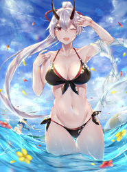 Rule 34 | 2girls, absurdres, artoria pendragon (fate), bikini, black bikini, blue sky, breasts, collarbone, day, fate/grand order, fate (series), front-tie bikini top, front-tie top, high ponytail, highres, hitomin (ksws7544), horns, long hair, medium breasts, multiple girls, mysterious heroine x (fate), mysterious heroine xx (fate), navel, one eye closed, oni horns, outdoors, ponytail, red eyes, side-tie bikini bottom, silver hair, sky, solo focus, standing, swimsuit, tomoe gozen (fate), very long hair, wading