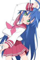 Rule 34 | 1girl, :d, ahoge, blue hair, blush stickers, green eyes, ixy, izumi konata, long hair, long sleeves, looking at viewer, lucky star, midriff peek, mole, mole under eye, open mouth, pink neckwear, pleated skirt, red sailor collar, red skirt, ryouou school uniform, sailor collar, school uniform, serafuku, simple background, skirt, smile, solo, very long hair, white background