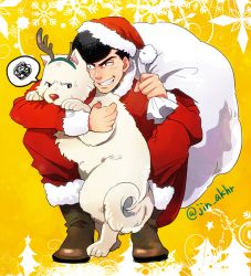 Rule 34 | 1boy, angry, animal, antlers, bag, black hair, boots, bruise, bruise on face, christmas, christmas tree, commentary request, dog, full body, grin, hajime no ippo, hat, holding, holding animal, holding bag, holding dog, horns, injury, jin akhr, male focus, muscular, muscular male, reindeer antlers, santa costume, santa hat, short hair, smile, solo, speech bubble, squatting, sweatdrop, takamura mamoru, teeth, thick eyebrows, yellow background