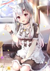Rule 34 | 1girl, aizawa (aizawatsu), animal ear fluff, animal ears, apron, bell, between legs, black choker, carton, cat ears, choker, collarbone, flower, hand between legs, highres, hololive, horns, indoors, long hair, looking at viewer, maid, maid apron, multicolored hair, nail polish, nakiri ayame, neck bell, open mouth, paw pose, red eyes, red hair, red nails, seiza, silver hair, sitting, skin-covered horns, sky, solo, streaked hair, virtual youtuber, window