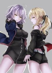 Rule 34 | 2girls, absurdres, artoria pendragon (all), artoria pendragon (fate), ass, belt, black dress, black jacket, black ribbon, black shorts, blonde hair, blue jacket, breasts, commentary request, covered erect nipples, cowboy shot, dress, fate/grand order, fate (series), from below, fur trim, grey background, hair ribbon, hand in own hair, hane yuki, highres, jacket, jeanne d&#039;arc (fate), jeanne d&#039;arc alter (fate), jeanne d&#039;arc alter (ver. shinjuku 1999) (fate), jewelry, large breasts, long hair, looking at viewer, looking back, multiple girls, necklace, off shoulder, official alternate costume, open clothes, open jacket, open mouth, ponytail, ribbon, saber alter, saber alter (ver. shinjuku 1999) (fate), short dress, short shorts, shorts, silver hair, standing, wicked dragon witch ver. shinjuku 1999, yellow eyes