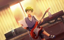 Rule 34 | 1boy, akiyama hayato, black socks, bottle, buttons, closed eyes, curtains, fingernails, glint, green hair, guitar, hair between eyes, highres, holding, holding paper, idolmaster, idolmaster side-m, idolmaster side-m live on stage!, instrument, official art, open mouth, paper, school uniform, shoes, sitting, smile, socks, sunlight, sunset, third-party source, water bottle, window