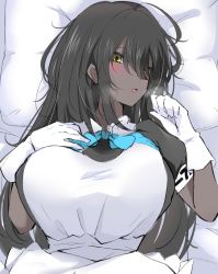 Rule 34 | 1girl, bed, bed sheet, black hair, blue archive, blush, breasts, dark-skinned female, dark skin, female focus, gloves, haruzu2000, heavy breathing, highres, karin (blue archive), large breasts, looking at viewer, maid, pillow, solo, steam, tagme, upper body, white gloves, yellow eyes