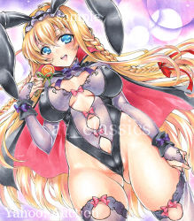 Rule 34 | 1girl, animal ears, artist name, at classics, blonde hair, blue eyes, blush, bow, bowtie, braid, breasts, breasts apart, bridal gauntlets, cameltoe, candy, cape, covered erect nipples, cowboy shot, dutch angle, fake animal ears, food, gluteal fold, hair between eyes, holding, holding candy, holding food, large breasts, leotard, lollipop, long hair, looking at viewer, open mouth, original, pink bow, playboy bunny, purple bow, purple bowtie, rabbit ears, sample watermark, side braid, solo, swirl lollipop, thighhighs, traditional media, twin braids, very long hair, watermark