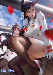 Rule 34 | 2girls, absurdres, animal ears, arm at side, atago (azur lane), azur lane, bird, black hair, black legwear, blue sky, blush, bow, breasts, brown eyes, buttons, cannon, cloud, commission, day, double-breasted, extra ears, fine fabric emphasis, floating hair, garter straps, gloves, hair flaps, hair ribbon, hand in own hair, hand up, high heels, highres, jacket, knee up, large breasts, logo, long hair, looking away, medal, military, military jacket, military uniform, miniskirt, mole, mole under eye, multiple girls, official art, outdoors, pantyhose, parted lips, pencil skirt, pleated skirt, ponytail, ribbon, seagull, sidelocks, sitting, skirt, sky, smile, swept bangs, takao (azur lane), thighhighs, uniform, very long hair, white bow, white footwear, white gloves, white jacket, white ribbon, wind, zumi (zumidraws)