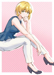 Rule 34 | 1girl, arm support, bare arms, bare shoulders, black footwear, blonde hair, blue shirt, collared shirt, commentary request, from side, green eyes, hair between eyes, idolmaster, idolmaster cinderella girls, looking at viewer, miyamoto frederica, outline, pants, pink background, polka dot, polka dot background, polka dot collar, shirt, shoes, short hair, sitting, sleeveless, sleeveless shirt, smile, solo, unu (unucence), white outline, white pants