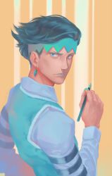 Rule 34 | 1boy, black hair, blue eyes, blue lips, blue nails, blue vest, closed mouth, collared shirt, commentary, diamond wa kudakenai, earrings, fabulous, fingernails, from side, headpiece, highres, holding, jewelry, jojo no kimyou na bouken, kishibe rohan, light frown, lips, lipstick, litra (ltr0312), long sleeves, looking at viewer, looking to the side, makeup, male focus, nail polish, orange background, pen, shirt, solo, striped, striped background, veins, vest
