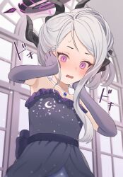 Rule 34 | 1girl, absurdres, black dress, black horns, blue archive, blush, demon horns, dress, elbow gloves, flat chest, gloves, grey hair, halo, hanazawa ma, hands on own face, highres, hina (blue archive), hina (dress) (blue archive), horns, indoors, jewelry, long hair, multiple horns, necklace, official alternate costume, open mouth, purple eyes, purple gloves, solo, strapless, strapless dress