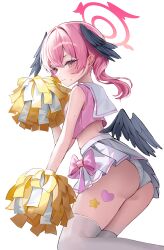 Rule 34 | 1girl, absurdres, alternate costume, black wings, blue archive, blush, cheerleader, closed mouth, feathered wings, hair between eyes, halo, head wings, highres, holding, holding pom poms, koharu (blue archive), long hair, pink eyes, pink hair, pleated skirt, pom pom (cheerleading), pom poms, red halo, ri yonn, skirt, sleeveless, solo, thighhighs, twintails, white skirt, white thighhighs, wings