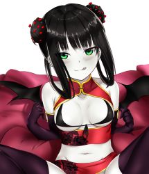 Rule 34 | 1girl, bat wings, belly, bikini, black bra, black hair, blouse, blush, bra, breasts, chinese clothes, cleavage, come hither, corona-chan, coronavirus pandemic, elbow gloves, gloves, green eyes, hair rings, highres, licking lips, long hair, looking at viewer, medium breasts, micro bikini, navel, open clothes, open shirt, picantium, pillow, shirt, solo, spread legs, swimsuit, thighhighs, tongue, tongue out, underwear, wings