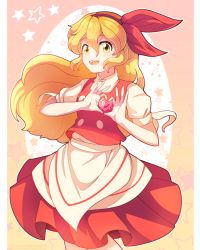 Rule 34 | 1girl, absurdres, apron, blonde hair, bow, breasts, buttons, dungeon toaster, ellen (touhou), eyelashes, hair bow, hairband, heart, heart hands, highres, long hair, open mouth, puffy short sleeves, puffy sleeves, red bow, red hairband, red skirt, red vest, shirt, short sleeves, skirt, small breasts, star (symbol), teeth, touhou, touhou (pc-98), turtleneck, upper teeth only, vest, waist apron, white apron, white shirt, yellow eyes