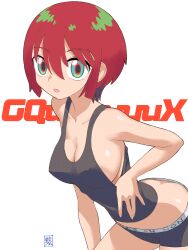 1girl :o absurdres adjusting_clothes amate_yuzuriha aqua_hair artist_name bare_shoulders bent_over black_panties black_tank_top bob_cut boyshort_panties breasts butt_crack cleavage clothes_writing collarbone commentary commentary_request copyright_name cowboy_shot gundam gundam_gquuuuuux hand_on_own_leg highres kikumaru_bunta large_breasts leaning_forward looking_at_viewer no_bra panties parted_lips red_hair ringed_eyes short_hair sideboob simple_background solo tank_top tomboy translated underwear underwear_only white_background