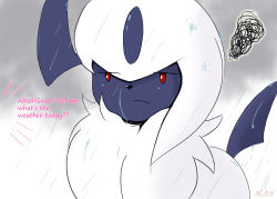 Rule 34 | absol, animal focus, annoyed, artist name, closed mouth, cloud, cloudy sky, creatures (company), dated, day, english text, eryz, fluffy, game freak, gen 3 pokemon, grey background, half-closed eyes, jpeg artifacts, nintendo, no humans, outdoors, pokemon, pokemon (creature), rain, red eyes, short hair, sideways mouth, signature, simple background, sketch, sky, solo, squiggle, talking, upper body, white hair
