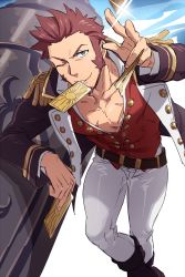 Rule 34 | 1boy, beard, blue eyes, brown hair, commentary request, epaulettes, facial hair, fate/grand order, fate (series), highres, long sideburns, long sleeves, looking at viewer, male focus, napoleon bonaparte (fate), open clothes, pants, pectorals, ryanpei, scar, sideburns, simple background, solo, summon ticket (fate), thighs, weapon, white background