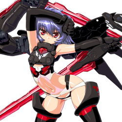 Rule 34 | 10s, 1girl, altines, arched back, armpits, bad id, bad pixiv id, blue hair, busou shinki, dd, dd (ijigendd), elbow gloves, female focus, gloves, navel, red eyes, simple background, solo, sword, thighhighs, weapon, white background