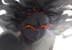 Rule 34 | 1girl, absurdres, alternate body fluid, angry, black hair, black theme, breedo, commentary, crying, fire, floating hair, frown, furrowed brow, glowing, glowing hair, highres, lava, looking at viewer, medium hair, multicolored hair, orange eyes, original, portrait, pout, simple background, solo, streaked hair, wavy hair, white background