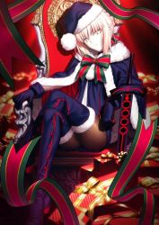 Rule 34 | artoria pendragon (fate), blonde hair, boots, bow, chair, christmas, cloak, excalibur (fate/stay night), excalibur morgan (fate), fate/grand order, fate/stay night, fate (series), gift, grey hair, hat, crossed legs, pantyhose, ribbon, saber (fate), saber alter, santa alter, santa costume, santa hat, sitting, sword, throne, weapon, white hair, yellow eyes