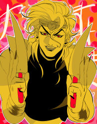 Rule 34 | 1boy, black nails, claws, dio brando, dual wielding, fangs, headband, highres, holding, jacket, jojo no kimyou na bouken, jonya, kitchen knife, limited palette, lipstick, makeup, male focus, nail polish, red eyes, solo, spot color, stardust crusaders, upper body