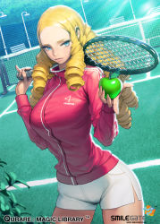 Rule 34 | 1girl, apple, blonde hair, blue eyes, breasts, cowboy shot, dutch angle, food, fruit, green apple, jacket, large breasts, light rays, long hair, looking at viewer, ningu, official art, original, pinky out, qurare magic library, racket, ringlets, shorts, solo, sportswear, tennis court, tennis racket, tennis uniform, track jacket, white shorts