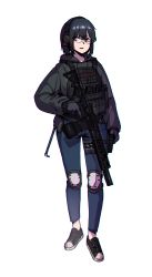 Rule 34 | 1girl, absurdres, black footwear, black gloves, black hair, black hoodie, blue pants, commission, copyright request, drawstring, ear protection, eyebrows hidden by hair, full body, glasses, gloves, gun, highres, holding, holding gun, holding weapon, hood, hood down, hoodie, knee pads, orange eyes, pants, parted lips, rifle, sharpy (kdy000913), shoes, sig mcx, simple background, solo, weapon, white background