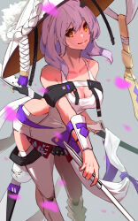 Rule 34 | 1girl, armor, ass, bare shoulders, breasts, cleavage, closed mouth, clothing cutout, collarbone, feet out of frame, goddess of victory: nikke, grey hair, hat, highres, holding, holding weapon, japanese armor, jingasa, kote, large breasts, large hat, leaning forward, leg cutout, leotard, long hair, looking at viewer, orange eyes, scarlet (nikke), sheath, smile, solo, standing, sword, unsheathed, ura dora, weapon, white leotard