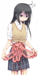 Rule 34 | 1girl, :&lt;, ahoge, beige sweater, black eyes, black hair, bleeding, blood, blood from mouth, blood on arm, blood on clothes, blood on face, blood on hands, blood on leg, blood stain, blue skirt, borrowed character, bracelet, collared shirt, cowboy shot, cropped legs, deep wound, disembowelment, dot nose, dress shirt, empty eyes, entrails, eyes visible through hair, from side, guro, holding, holding organ, injury, intestines, jewelry, long hair, looking down, organs, original, parted lips, plaid, plaid skirt, pleated skirt, school uniform, shaded face, shirt, simple background, skirt, sleeves pushed up, solo, squiggle, stain, stained clothes, standing, straight hair, sweat, sweater vest, swept bangs, triangle mouth, turn pale, white background, white shirt, wing collar, yuyuzuki (yume usagi)