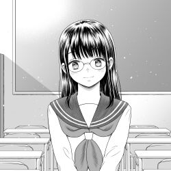 Rule 34 | 1girl, chair, chalkboard, classroom, closed mouth, commentary request, day, desk, glasses, greyscale, highres, indoors, light smile, long hair, long sleeves, looking at viewer, mitsuhashitohru pxv, monochrome, neckerchief, original, round eyewear, sailor collar, school chair, school desk, school uniform, serafuku, shirt, solo, upper body
