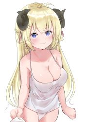 Rule 34 | 1girl, absurdres, ahoge, arms at sides, blonde hair, blush, braid, breasts, cleavage, closed mouth, clothes pull, collarbone, commentary, cowboy shot, english commentary, furrowed brow, hair between eyes, hair ornament, hair ribbon, hairclip, highres, hololive, horns, long hair, looking at viewer, loose clothes, loose shirt, medium breasts, no legwear, panties, pink ribbon, plunging neckline, pov, purple eyes, ribbon, sheep girl, sheep horns, shiny horns, shiny skin, shirt, shirt pull, simple background, solo, standing, tachibana (x quick), tank top, tsunomaki watame, underwear, underwear only, very long hair, virtual youtuber, white background, white panties, white shirt