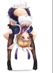 Rule 34 | 09 (qw20009), 1girl, arched back, blonde hair, contortion, flexible, frilled skirt, frills, full body, high heels, looking at viewer, maid, maid headdress, miniskirt, navel, pantyhose, pleated skirt, purple eyes, purple skirt, simple background, skirt, smile, solo, standing, thighhighs, white background